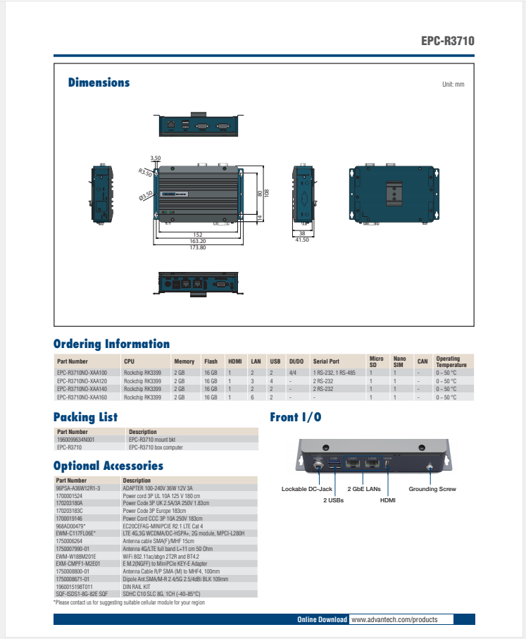 研華EPC-R3710 Rockchip RK3399 Cortex-A72 UIO40-Express Edge AI 工控整機， 4K display， 2xLan，