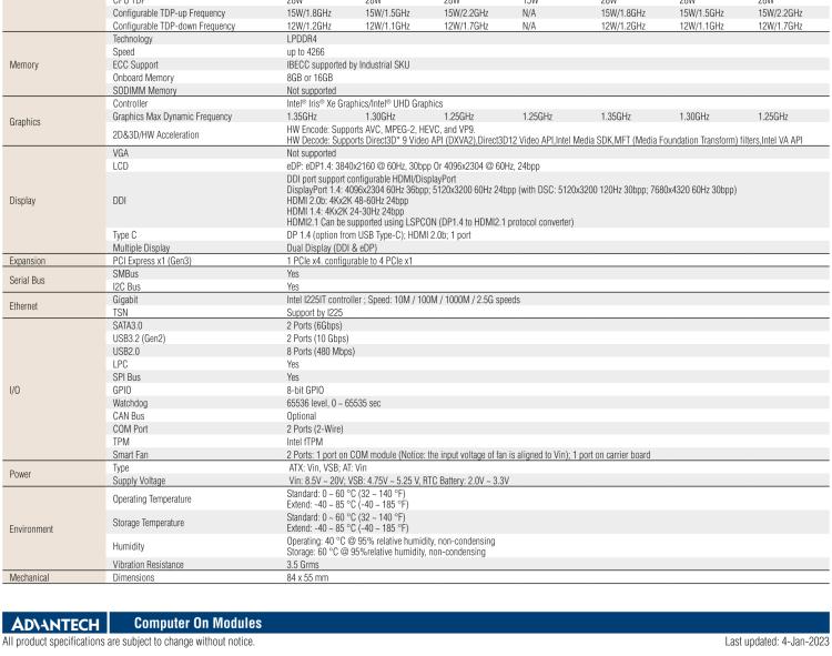 研華SOM-7583 第十一代 Intel? Core U系列處理器，COM Express Mini Type 10 模塊