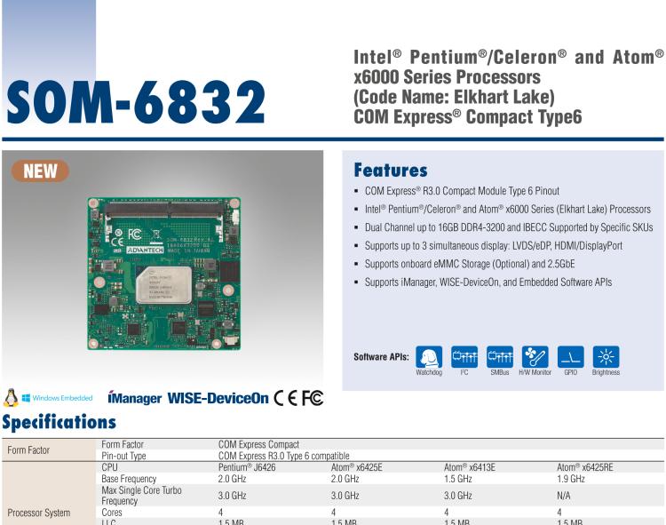 研華SOM-6832 Intel Pentium/Celeron 及 Atom x6000系列（Elkhart Lake）處理器，COM Express? Compact Type 6 模塊