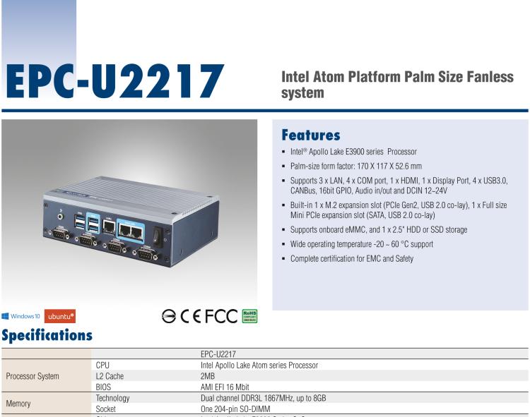 研華EPC-U2217 Intel Atom第六代Apollo Lake無(wú)風(fēng)扇嵌入式工控機(jī)，3LAN，板載eMMC，CANBUS