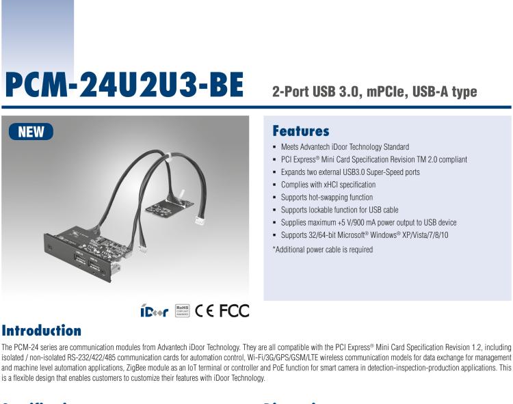 研華PCM-24U2U3 2端口USB 3.0，mPCIe，USB-A型