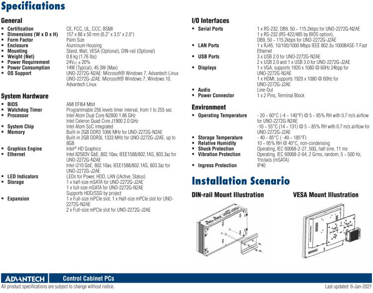 研華UNO-2272G 袖珍型嵌入式工控機(jī)，搭配Intel? Atom?處理器，1 x GbE, 2 x mPCIe, VGA/HDMI