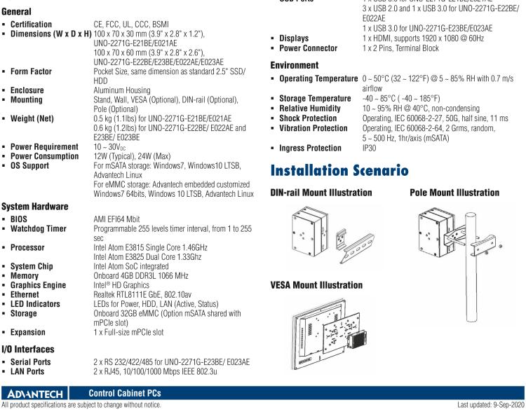 研華UNO-2271G 小型智慧工廠數(shù)據(jù)網關，搭載Intel? Atom?處理器，2 x GbE, 1 x mPCIe, HDMI, eMMC