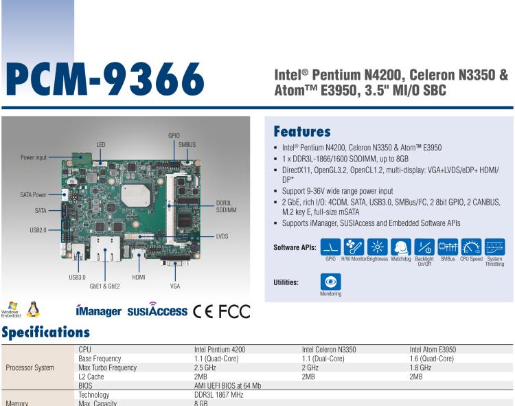 研華PCM-9366 Intel 第六代Atom?奔騰N4200賽揚(yáng)N3350，3.5寸單板電腦