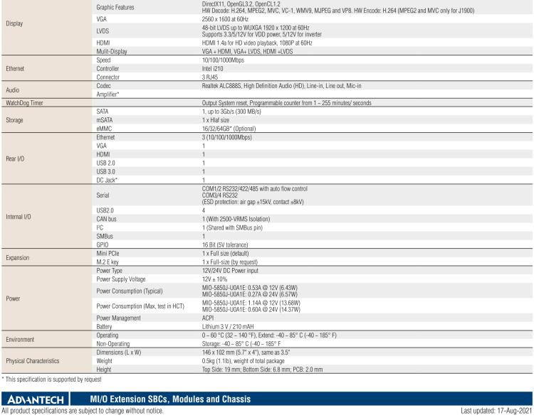 研華MIO-5850 Intel賽揚J1900和Atom?E3825 / E3845,3.5“MI / O-Compact SBC，板載DDR3L，3GbE，iManager 3.0,16位GPIO，CANBUS，板載eMMC，12V / 24V電源輸入