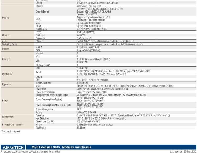 研華MIO-2263 2.5寸Pico-ITX主板，搭載Intel? Atom? SoC E3825/ J1900處理器的2.5寸Pico-ITX單板電腦，采用DDR3L內(nèi)存，支持24-bit LVDS + VGA/HDMI獨(dú)立雙顯，帶有豐富I/O接口：1個GbE、半長Mini PCIe、4個USB、2個COM、SMBus、mSATA & MIOe