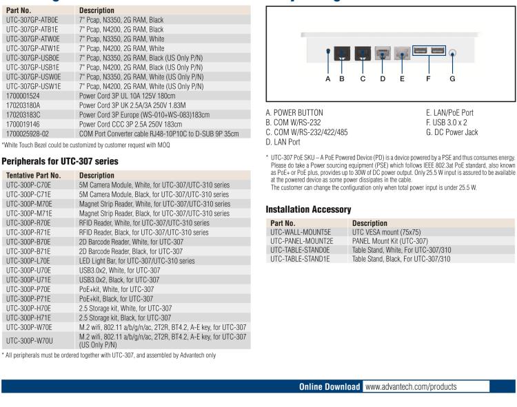 研華UTC-307G 7" 多功能觸控一體機，Intel? Celeron? N3350/Pentium? N4200 處理器