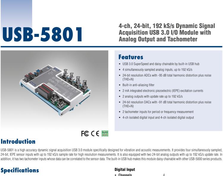 研華USB-5801 4路，24位，192 kS / s的動(dòng)態(tài)信號(hào)采集USB 3.0 I / O模塊使用模擬輸出和轉(zhuǎn)速計(jì)
