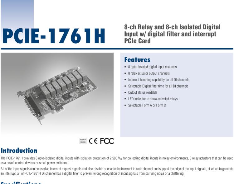 研華PCIE-1761H 8通道繼電器和8通道隔離式數(shù)字輸入，帶數(shù)字濾波器和中斷PCIe卡