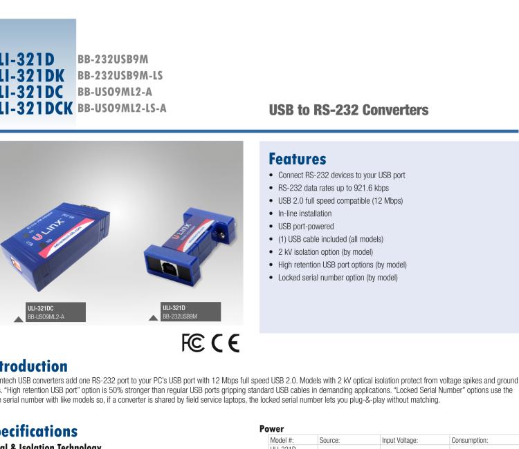 研華BB-232USB9M-LS ULI-321DK USB 2.0到RS-232轉(zhuǎn)換器，DB9公頭 端口號鎖定